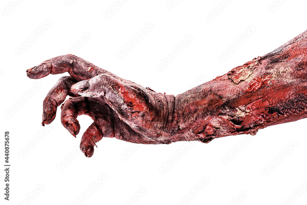 Realistic zombie hand with wounds and blood, isolated white background, copyspace. Realistic zombie hand with wounds and blood, isolated white background, copyspace.