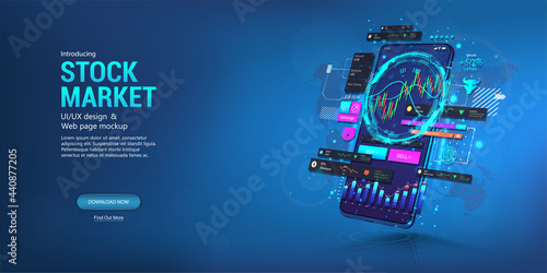 Phone with App for stock market trading like forex. Trade through the application on the phone. Stock exchange - mobile app concept. Application dashboard with graphic and chart for a trader. Vector