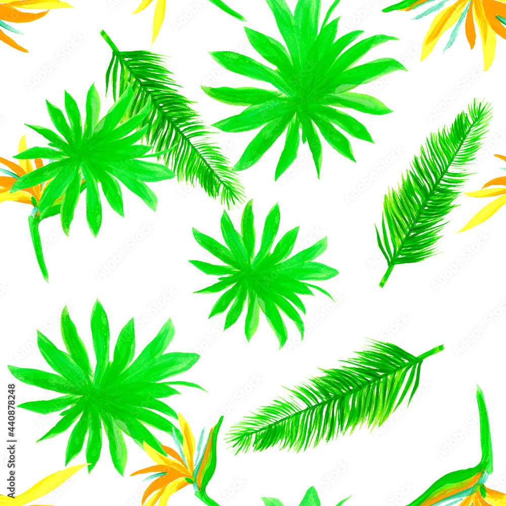 Natural Pattern Botanical. Green Seamless Exotic. Organic Tropical Illustration. White Isolated Nature. Drawing Palm. Decoration Plant. Wallpaper Palm.