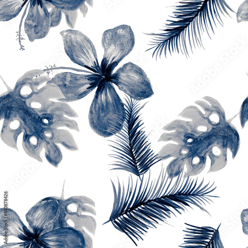 Indigo Seamless Textile. Navy Pattern Illustration. Blue Tropical Texture. Azure Wallpaper Illustration. Cobalt Drawing Exotic. White Decoration Textile. Monstera Leaves.