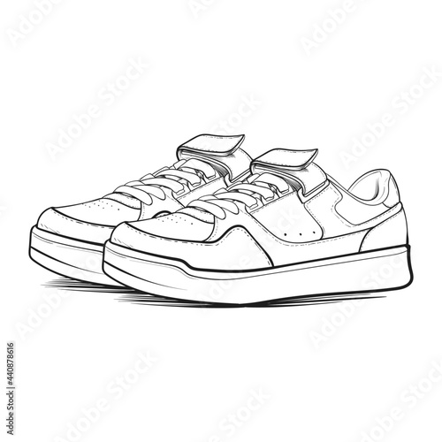 Shoe sneaker outline drawing vector, Sneaker drew in a sketch style, black line sneaker trainers template outline, vector Illustration.
