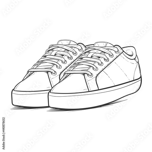 Shoe sneaker outline drawing vector, Sneaker drew in a sketch style, black line sneaker trainers template outline, vector Illustration.