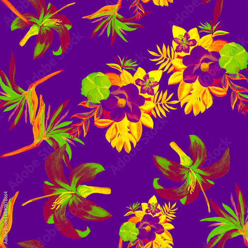 Lavender Pattern Design. Violet Seamless Illustration. Purple Tropical Painting. Yellow Flower Art. Plum Decoration Palm. Spring Foliage. Garden Illustration.