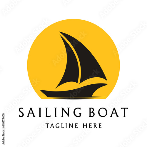 sailing boat logo design with yellow sunburst. sailing ship logo design. sail or ship vector icon illustration.