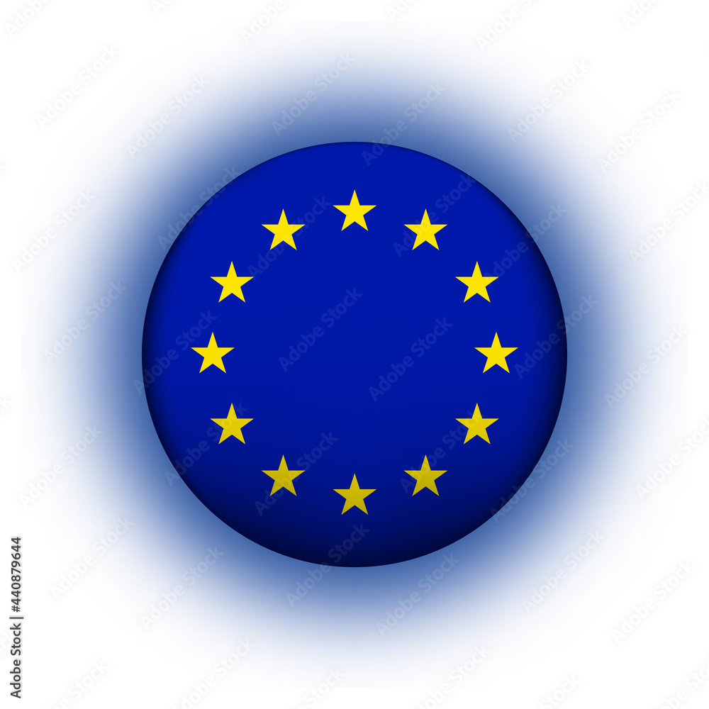 Glass light ball with European Union flag. Round sphere, template icon. EU national symbol. Glossy realistic ball, 3D abstract vector illustration highlighted on a white background. Big bubble