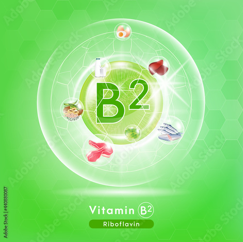 Vitamin B2 Green shining. Vitamin complex with Chemical formula. Fruits and vegetables that neutralize free radicals. Meds for health ads. Beauty treatment nutrition skin care design. 3D Vector.