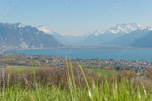 Peaceful view of the Geneva lake and Montreux under the swiss alps from Corsier, Switzerland
