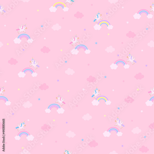 Unicorn with rainbow seamless pattern on pink backgroud.