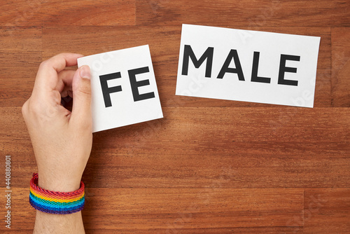 Obraz na plátně Hand changing the word male into female or the opposite, with a rainbow bracelet, trans or fluid gender concept