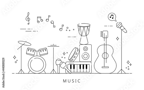 instruments on stage. Black line icon design on white background. flat design style minimal vector illustration.