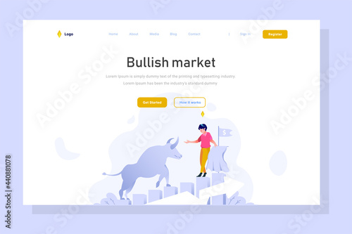 Landing page business finance man bull profit graph financial growth increase income people character flat design style Vector Illustration