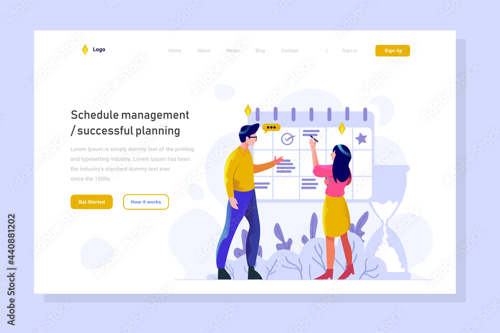 Landing page Business finance man and women managing schedule management work date calendar people character flat design style Vector Illustration