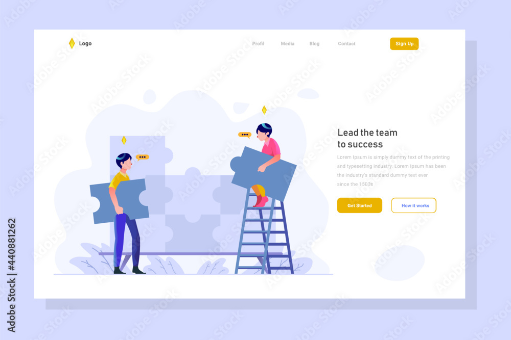 Landing page business finance work together teamwork to solve the problem puzzle strategy people character flat design style Vector Illustration