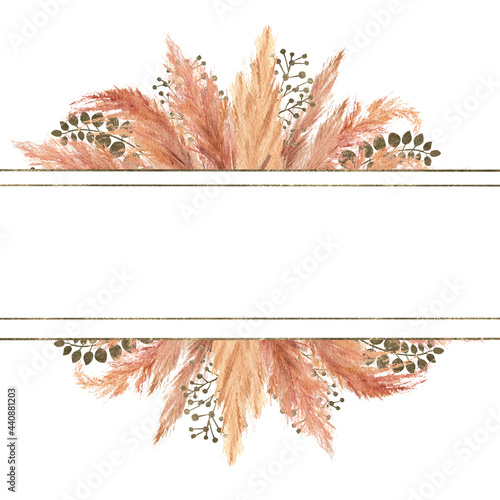 Watercolor boho bouquet with dried pampas grass and silver geometric frame on isolated on white background. Flower illustration for wedding or holiday design of invitations, postcards, printing photo