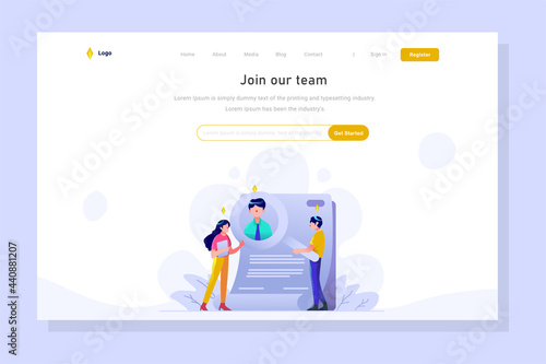 Landing page Business Finance employer Searching worker announcement magnifying glass people character flat design style Vector Illustration