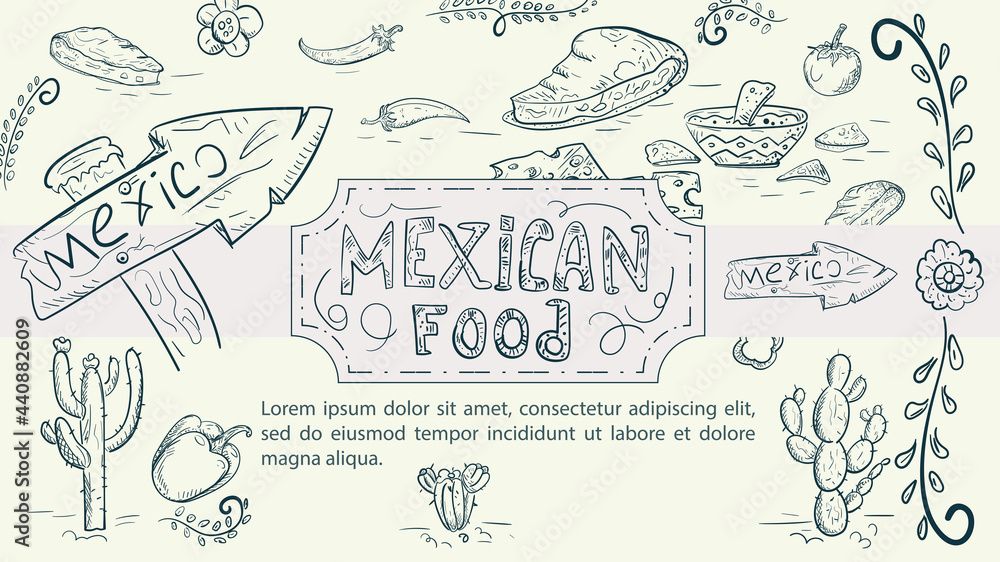Illustration sketch made in the style of a doodle hand drawn for a design on the theme of Mexican national food road sign tortilla taco chili pepper tomato Illustration sketch made in the style of a doodle hand drawn for a design on the theme of Mexican national food road sign tortilla taco chili pepper tomato