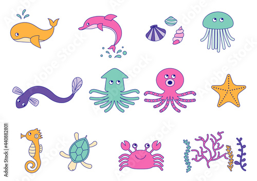 海の生き物のベクターイラストセット