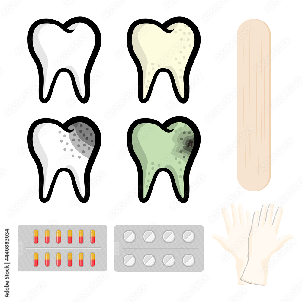 Dentist tooth and tongue press with medicine drugs illustration concept pills vector