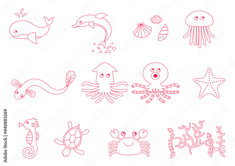 海の生き物のベクターイラストの線画 海の生き物のベクターイラストの線画
