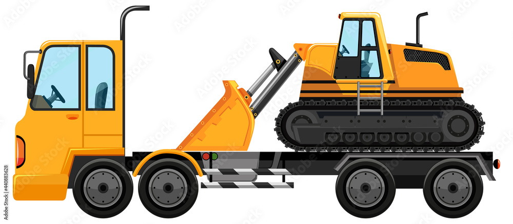 Tow truck carrying front loader isolated background Tow truck carrying front loader isolated background