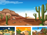 Different desert forest scenes with animals and plants