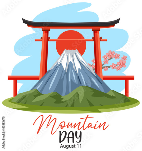 Mountain Day in Japan on August 11 banner with Mount Fuji and Torii Gate