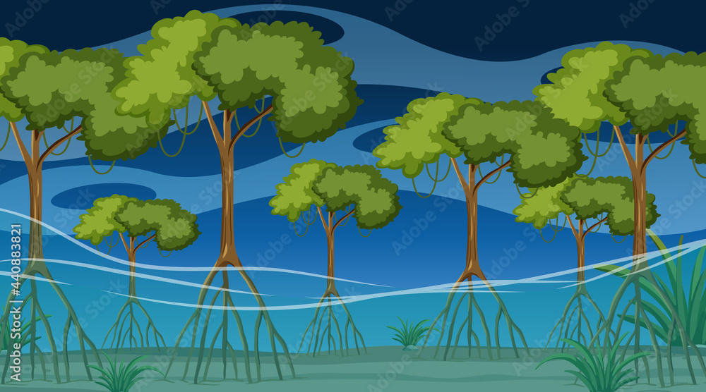 Nature scene with Mangrove forest at night in cartoon style
