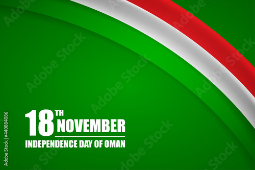 Happy independence day of Oman country with tricolor curve flag and typography background