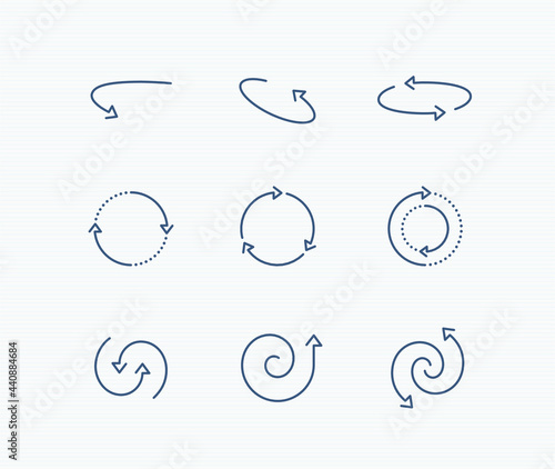 arrow rotation icon set: circle, round, rotate, refresh, loop, spin, swirl, spiral line arrows. editable stroke vector illustration  