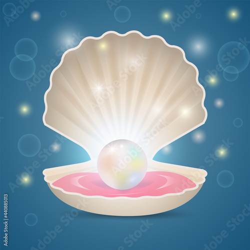 Open bivalve seashell with beautiful pearl. Vector illustration