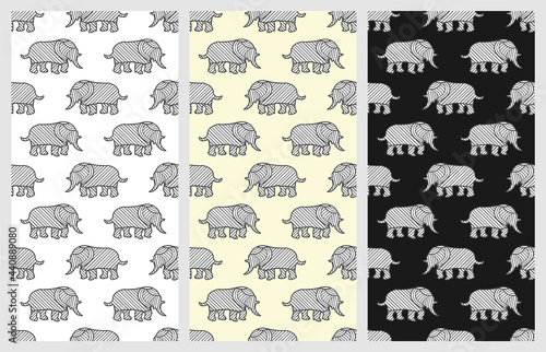 Elephant vector Line art abstract seamless vector pattern isolated on white, Off white and black background.