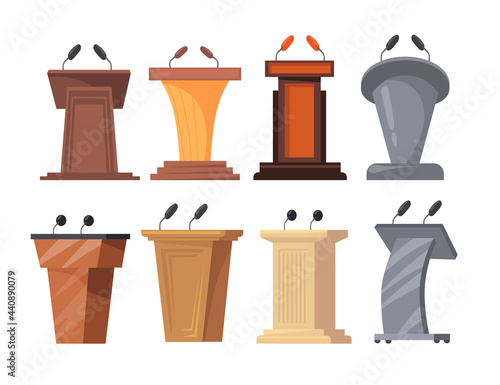Different tribunes with microphones vector illustrations set. Wooden or steel podiums, platforms or rostrums for classrooms isolated on white background. Conference, interview, lecture concept