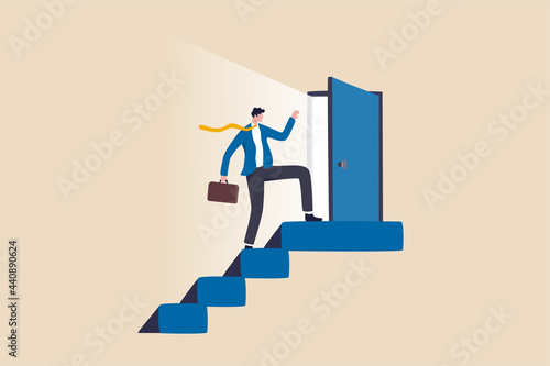 Open new opportunity door, career development or business decision for new challenge, success and achievement secret concept, businessman reaching top of stairway open bright light opportunity door.