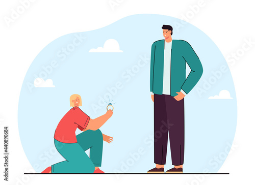 Girl proposing to man flat vector illustration. Girlfriend kneeling and offering engagement ring to boyfriend. Role reversal, feminism, love concept for banner, website design or landing web page