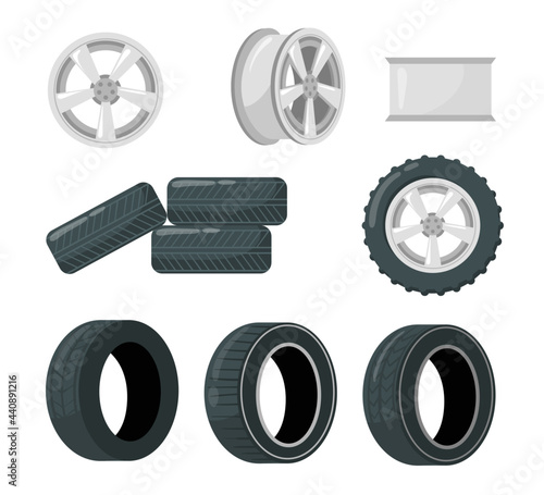 Set of car tires and wheels. Cartoon vector illustration. Car wheel and discs with different tread patterns in front and sight view. Automotive, truck, spare concept for banner design or landing page