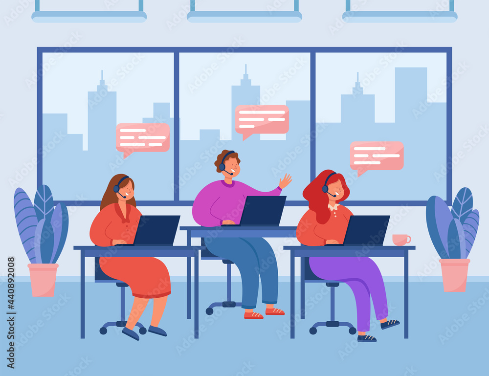 Female call center workers flat vector illustration. Happy women sitting at tables, talking with clients using headset. Office, support, operator concept Female call center workers flat vector illustration. Happy women sitting at tables, talking with clients using headset. Office, support, operator concept