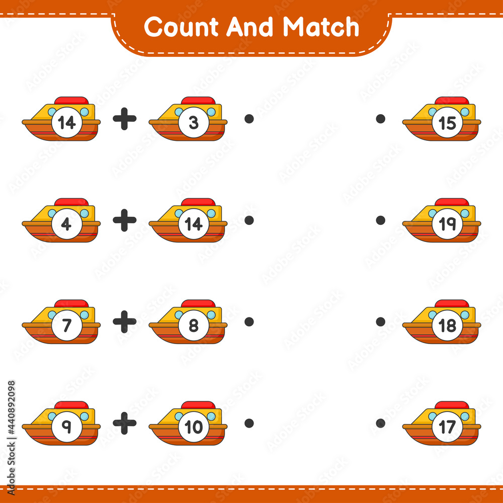 Count and match, count the number of Boat and match with the right numbers. Educational children game, printable worksheet, vector illustration