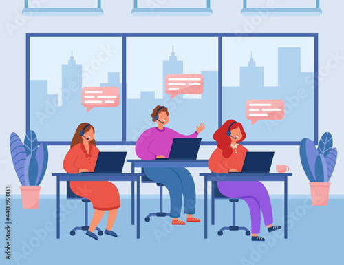 Female call center workers flat vector illustration. Happy women sitting at tables, talking with clients using headset. Office, support, operator concept
