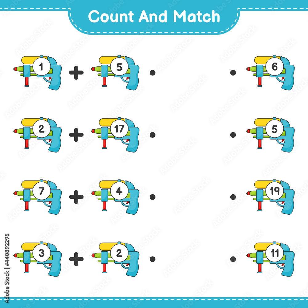 Count and match, count the number of Water Gun and match with the right numbers. Educational children game, printable worksheet, vector illustration Count and match, count the number of Water Gun and match with the right numbers. Educational children game, printable worksheet, vector illustration