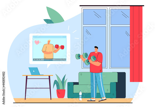 Man training with trainer online at home. Male person watching video on laptop and doing exercises during lockdown flat vector illustration. Coronavirus, streaming workout, sport, self-care concept
