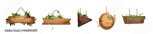 Empty wooden planks hanging on ropes with liana branches and tropical leaves. Set of vintage, retro banners for game. Cartoon vector illustration.