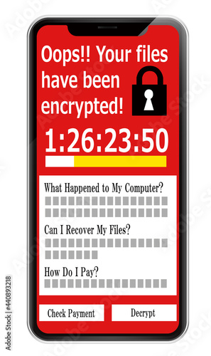 ランサムウェア ウイルスに感染した画面を表示するスマートフォン