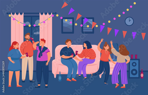 People dancing at home party flat vector illustration. Young cartoon charachters talking, having fun together at night. Friends, leisure activity, celebration, weekend concept