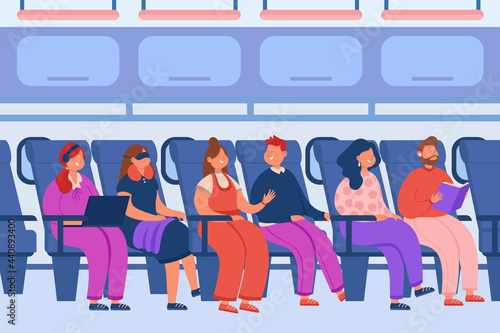 Passengers sitting in aircraft and talking flat vector illustration. Cartoon characters flat reading, sleeping. Working during flight vector illustration. Travel, airplane, plane interior concept