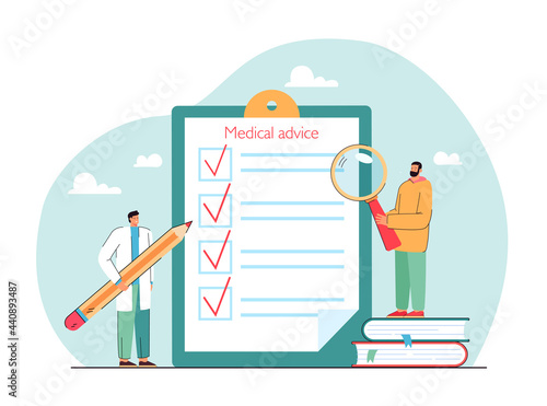 Medical advice checklist on clipboard flat vector illustration. Doctor standing with pencil, patient studying recommendation through magnifier. Healthcare, prescription concept