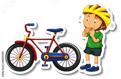 Sticker template with a boy wears helmet and bicycle isolated