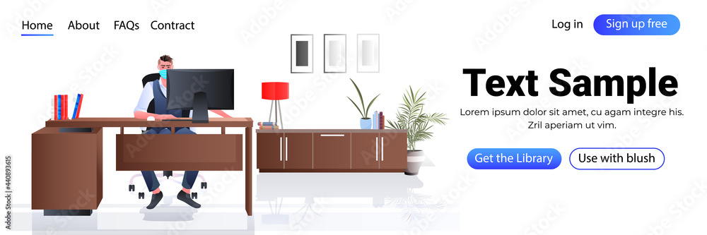 businessman in mask sitting at workplace business man working in office coronavirus quarantine concept businessman in mask sitting at workplace business man working in office coronavirus quarantine concept