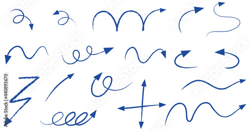 Different types of blue hand drawn curved arrows on white background