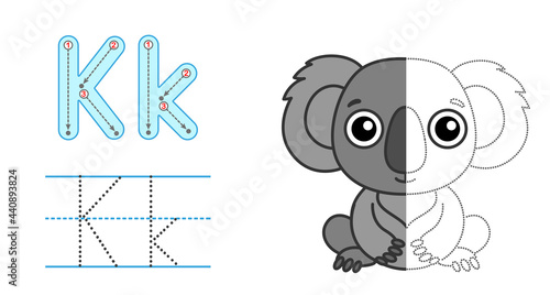 Trace the letter and picture and color it. Educational children tracing game. Coloring alphabet. Letter K and funny Koala