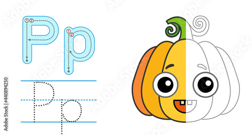 Trace the letter and picture and color it. Educational children tracing game. Coloring alphabet. Letter P and funny Pumpkin